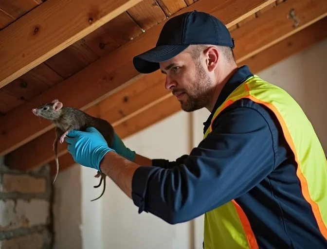 Technician inspecting a roof cavity for a dead rat in Docklands